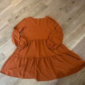 Rust Orange Tiered Long Sleeve Babydoll Dress | Size Large